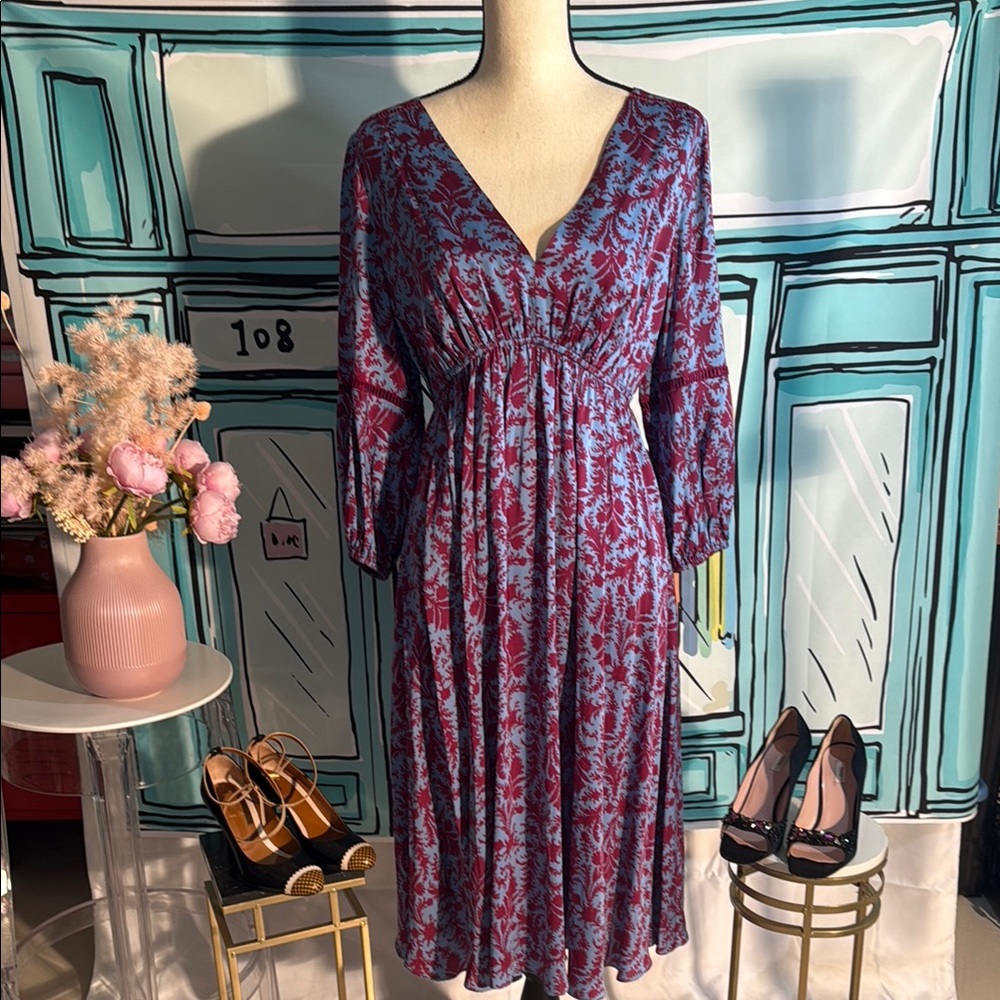HATCH made in the USA Elegant Blue and Red Floral Dress
